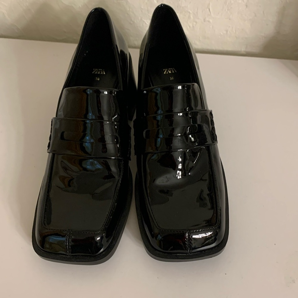 ZARA black patent  leather penny  loafers size 38.